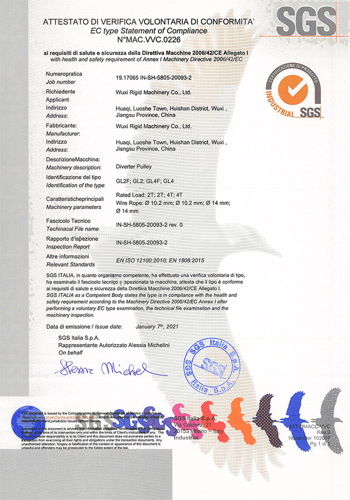 Puleggia di inversione SGS Certificato CE MAC VVC.0226_IN-SH-5805-20093-2