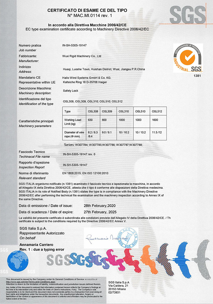 Certificato SGS CE della serratura centrifuga