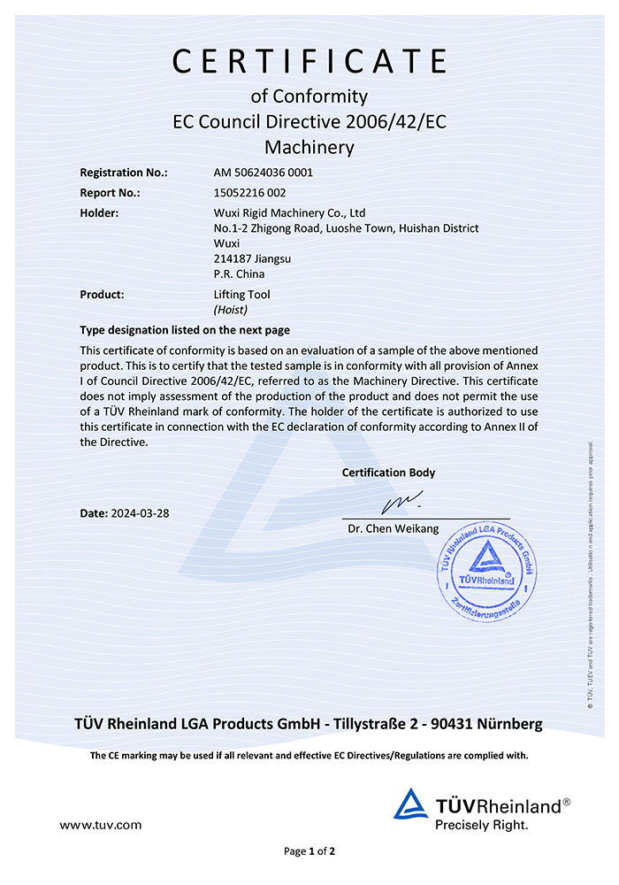 Certificato TUV 2T per scatola elettrica del paranco